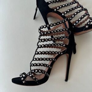 Alaïa studded laser-cut suede heel sandals scallop black metal accent open toe